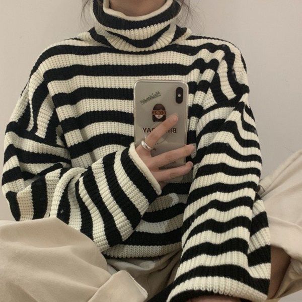 

women stripes sweater harajuku winter vintage women thickening loose warm turtleneck sweater, Black