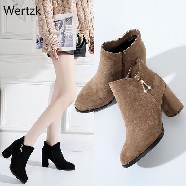 

boots 2021 women ankle metal decoration fashion ladies square heels flock shoes slip-on bota femenina b228, Black