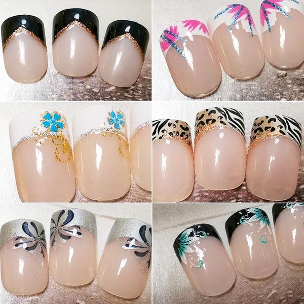 

false nails classic french fake manicure short white leopard blue flower press on nail tips stickers, Red;gold