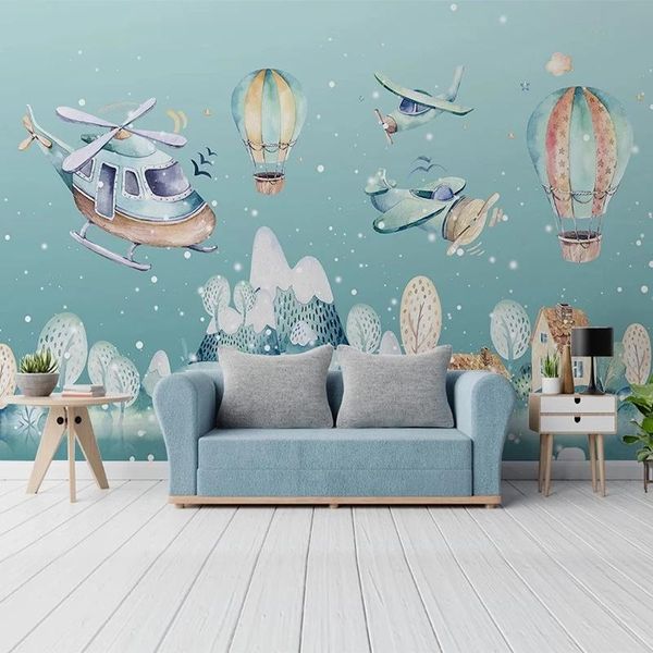 

wallpapers custom po self-adhesive 3d cartoon helicopter air balloon children's bedroom background wall decorate murals