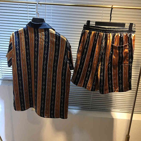 

t shirts autumn 19fw fashion shirt+short suit silk t shirt for men chain print famous brand clothing retro, White;black