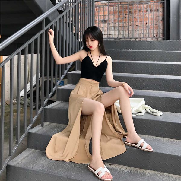 

women's pants & capris split wide leg long high waist loose casual solid cotton korean streetwear trousers summer vintage beach st, Black;white