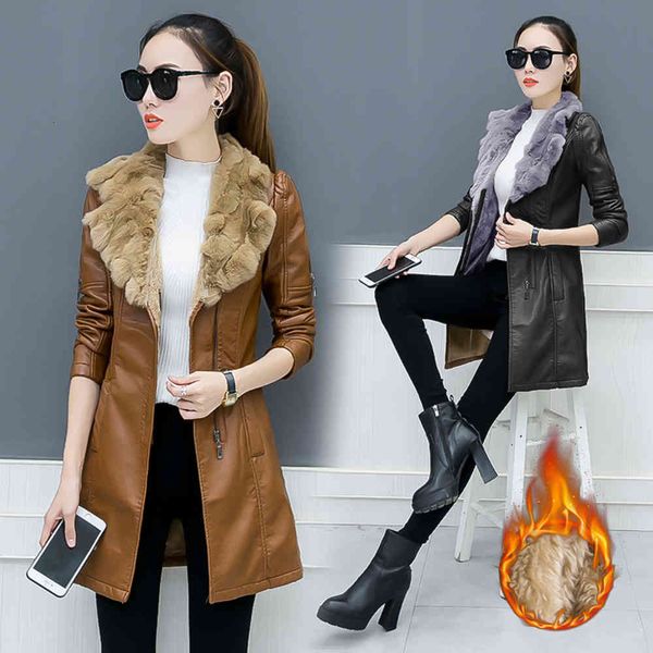 

leather jacket high fashion men belt middle long plush thickened coat winter slim fit wool collar splicing, Black