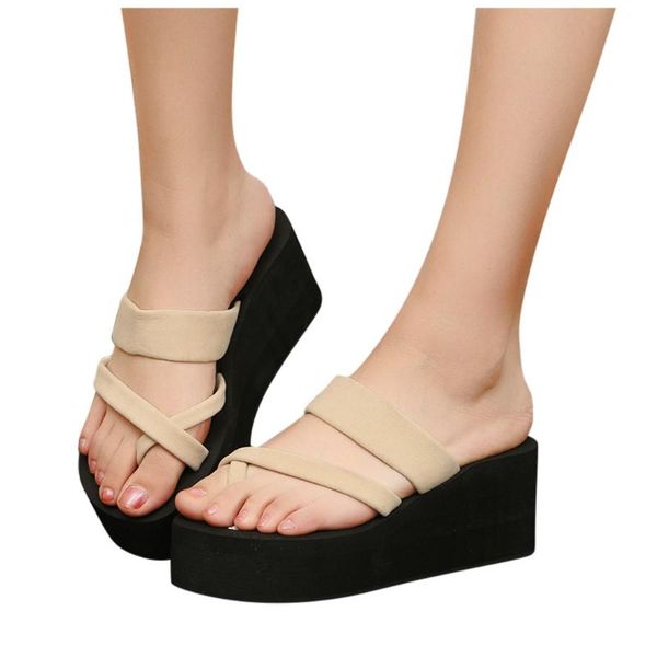 

slippers sagace beach slipper women wedges sandals non-slip flip flops flat 2021 high heel platform shoes, Black