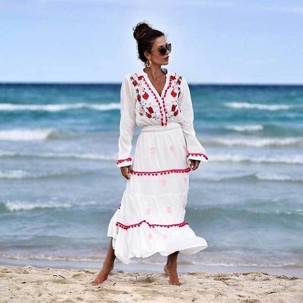 

v neck boho inspired floral embroidered hippie summer dresses white long sleeve women pompom trim maxi dress vestidos, Black;gray