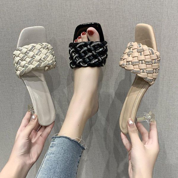 

slippers female shoes glitter slides square toe women summer rubber flip flops low fashion 2021 jelly hawaiian luxury rome fabri, Black