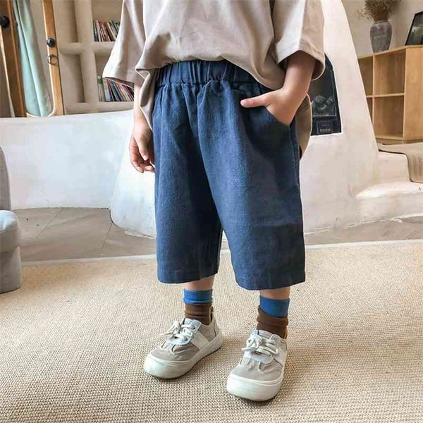 

summer boys cotton linen solid color knee length pants 1-7 years kids loose trousers 210708, Blue