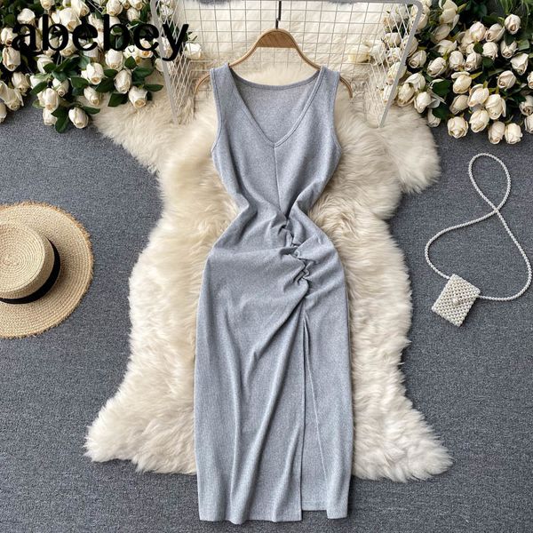 

women korean dress ruched v neck sleeveless solid slim party es summer fashion streetwear midi 210512, Black;gray