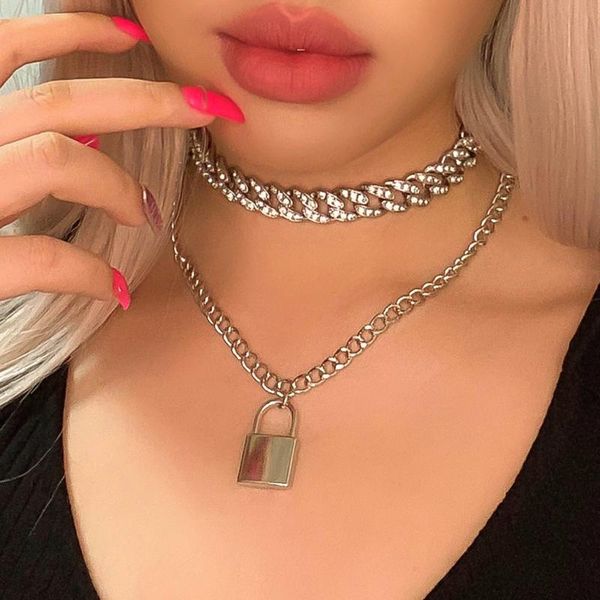

pcs/set rhinestone chunky thick link chain necklace for women gold color padlock couple pendants on neck fashion jewelry gifts pendant neckl, Silver