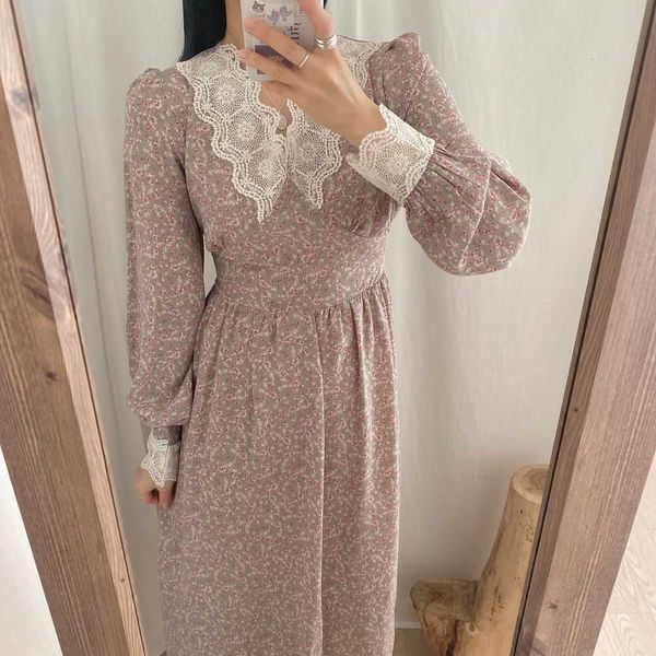 

two piece dress lace v-neck floral print party women long sleeve loose spring chiffon korean high waist sweet midi z152 0xvm, White