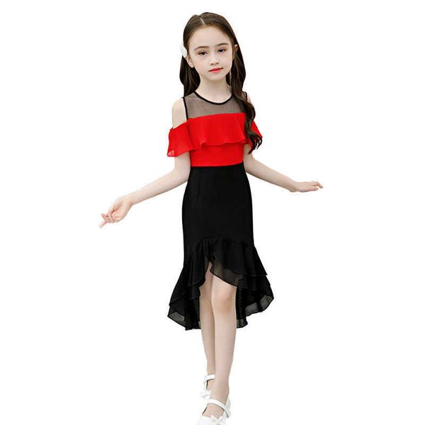 Mädchen Kleider Sommer Prinzessin Elegante Eine Schulter Kinder Kleidung Rot Gelb Geburtstag Hochzeit Party Unregelmäßige Schwalbenschwanz Kleid Q0716