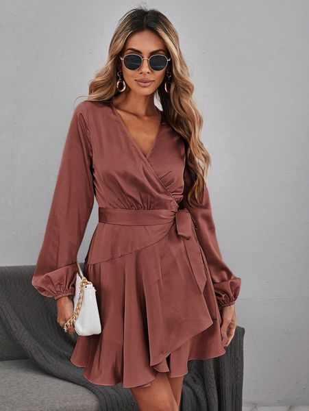 

lantern sleeve knot side ruffle hem wrap satin dress 59sb#, Black;gray