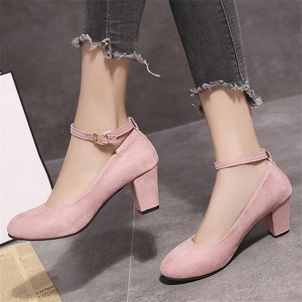 

2021 womens shoes buckle shallow suede low-all-match comfortable solid color mid-heel high-heeled shoes1, Black