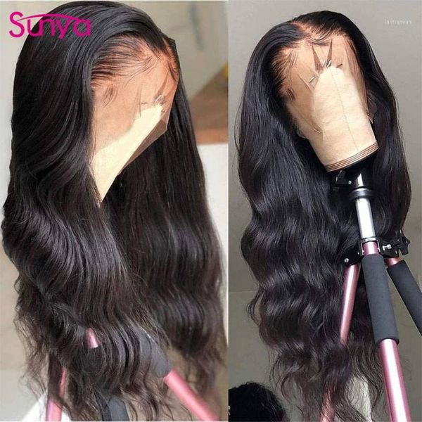 

brazilian body wave wigs pre plucked remy lace front human hair for black women 150% transparent frontal sunya1, Black;brown