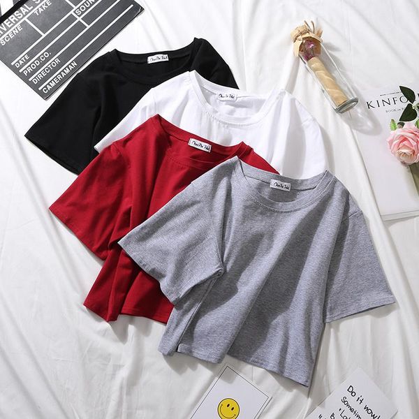 

women's t-shirt 2021 summer short sleeve t shirts women cotton solid o neck high waist crop tee female casual loose shirt, White