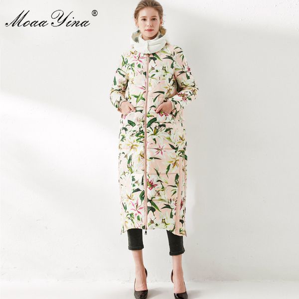 Casacos de decolagem de inverno feminino colarinho capuz floral impresso branco pato para baixo parkas quentes elegantes jaqueta longa outwear 210524