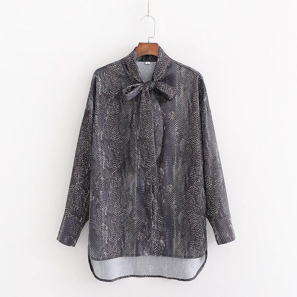 

evfer autumn women vintage snake print gray long shirts ladies fashion bow collar sleeve blouse female casual chic women's blouses &, White
