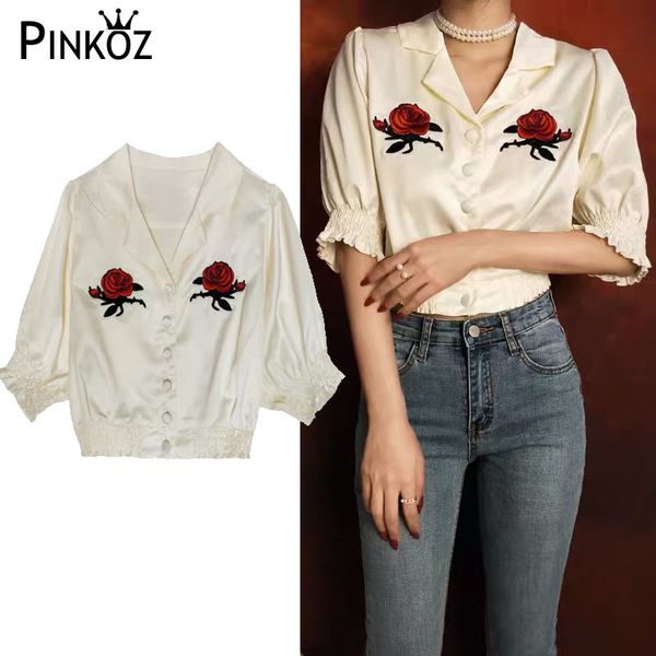 

vintage rose flower embroidery white short puff sleeve single breasted casual daily shirt woman young blouse blusen damen 210421