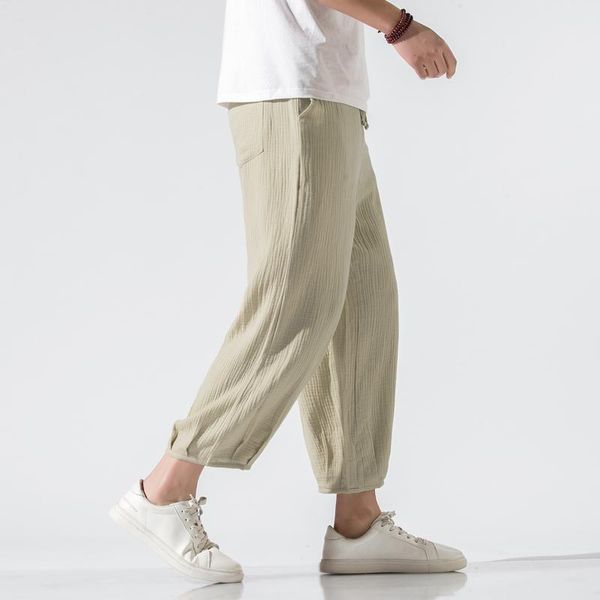 

men's pants m-5xl plus size men hip hop streetwear light weight summer cropped for fashion linen plain color trousers, Black