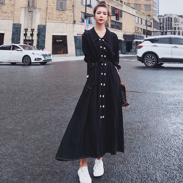 

women's summer 2021 luxury street light bombardment tempers thin ladies at knee height long sleeves shirt denim dress, Black;gray