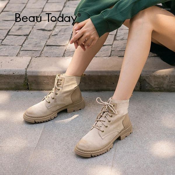 

boots beautoday desert women genuine cow suede leather ankle round toe cross-tied autumn winter lady shoe handmade 034311, Black