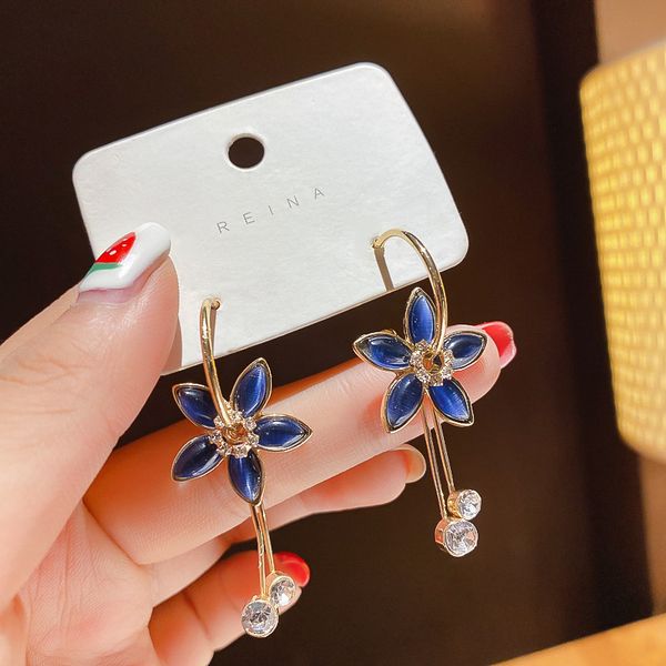 

925 silver needle cat's eye stone five petal flower earrings for women