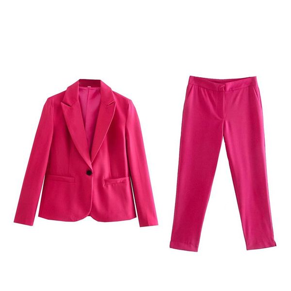 

women's two piece pants woman elegant rose red straight blazer suit 2021 autumn chic female high waisted pencil suits laides solid matc, White