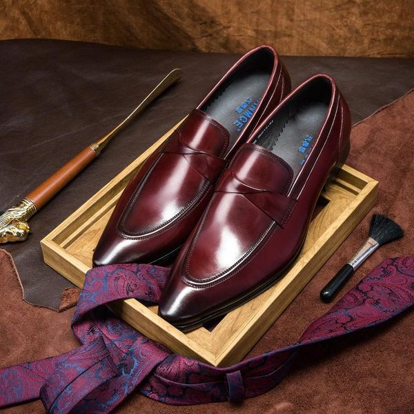 

dress shoes 2021 men brand handmade flat italian fashion mens genuine leather black slip on spring burgundy wedding male