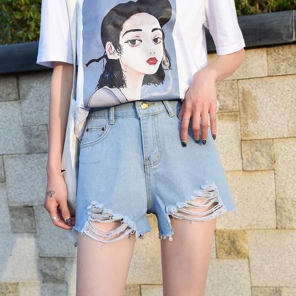 

women's jeans women shorts high waist wide-leg loose hole short 2021 fashion blue korean style solid female denim casual