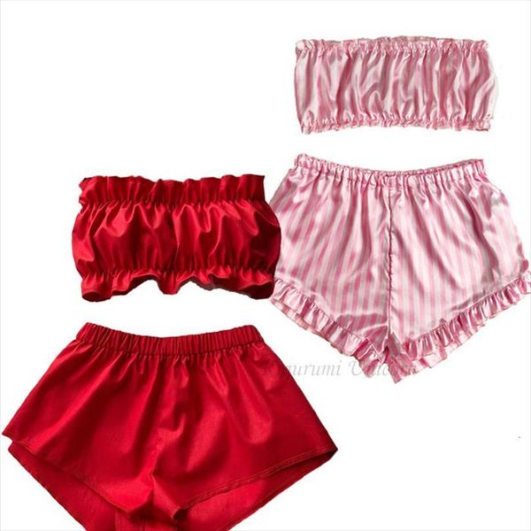 

2pcs pink red pajamas womens sleepwears tube shorts set sleeveless satin silk pajama cute sleepwear ladies pjs suit para, Black;red