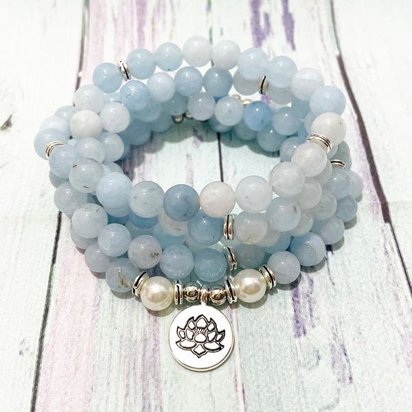 SN1205 Calcedonio blu naturale 108 Mala Bracciale Donna Perla Lotus Charm Chakra Yoga Mala Bracciale Collana Boho Girl