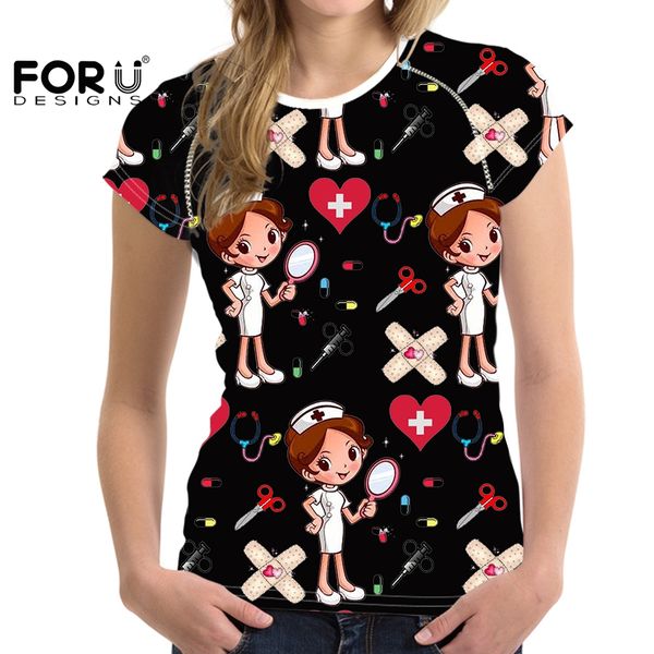

forudesigns o-neck cotton summer female slim cute white dress nurse cartoon print black tshirts harakuju women t-shirts tee