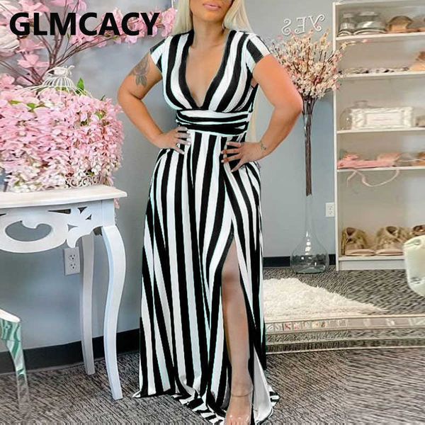 

women short sleeve stripe printed plunge v-neck slit maxi dress 210702, Black;gray