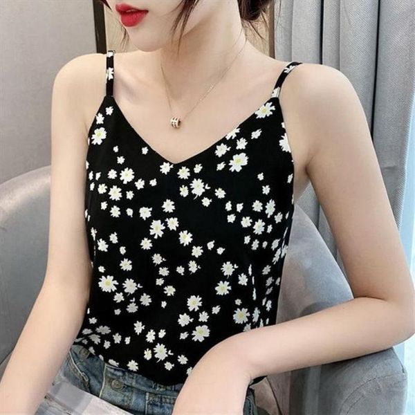 

women's tanks & camis small daisy v-neck camisole 2021 korean loose plus size students sleeveless chiffon knitted bottoming vest, White