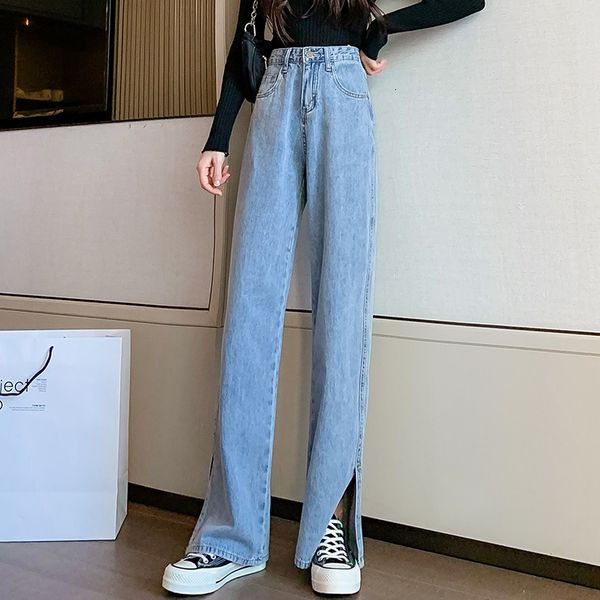 

women's jeans new split jeans light color mid waist show thin summer flared pants, Blue