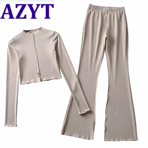

women's tracksuits azyt spring tracksuit women 2-piece set 2021 casual slim knit pullovers and flare pant's solid soft ladies suit, Gray