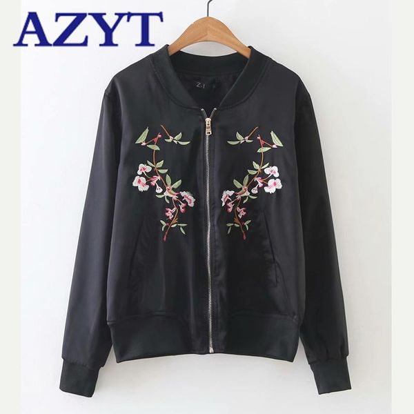 

women's jackets azyt autumn floral embroidery female jacket 2021 solid zipper o neck bomber fashion outwear coat, Black;brown
