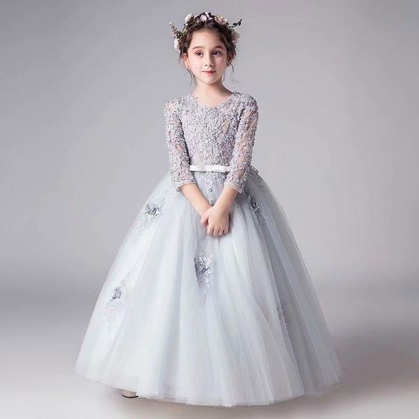 Flower Girl Vestidos Lace Baby Infant Vestido Crianças Formal Wear Formal-Comprimento GrayTulle Sleeve Três Quartos