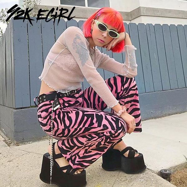 

women's pants & capris y2k egirl vintage mid-waist zebra printing pink 90s streetwear loosed straight trousers autumn wild punk style l, Black;white