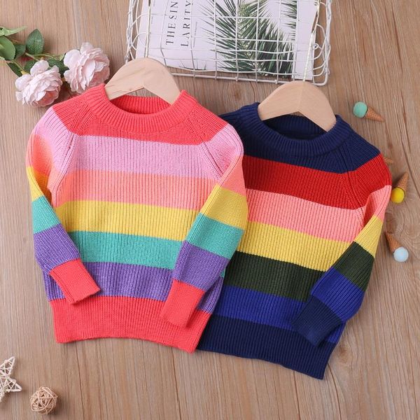 

pullover 2021 autumn winter rainbow striped knitted sweater kid clothes girl children's clothing cardigan boy, Blue