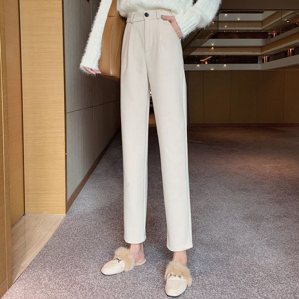 

all-match casual office lady loose autumn high waist solid harem pants streetwear plus wool ankle-length trousers 210421, Black;white