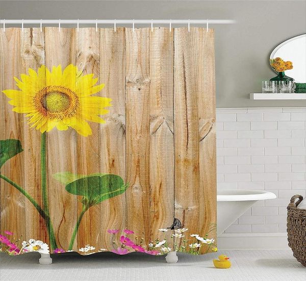 

shower curtains sunflower curtain painting on wooden background timber countryside theme bathroom decor set with hooks 70" long