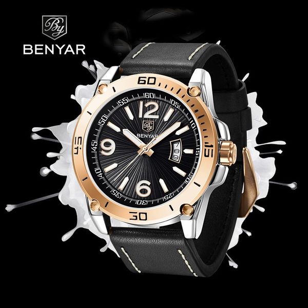

wristwatches watches for men benyar coated glass dial window type men's brand fashion casual quartz leather strap male watch, Slivery;brown