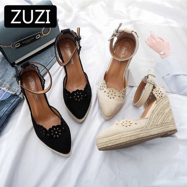 

zuzi women's espadrilles wedge sandals skirt hollow single shoes women's fashion pointed high heels thick bottom straw 210715, Black