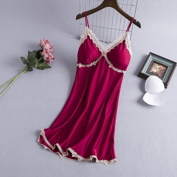 

women's sleepwear lace bottom nightdress pajamas women spring and summer suspender vest large size dress with bra silk, Black;red