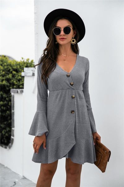 

casual dresses women's button decoration v-neck flared long-sleeved thin dress robe autumn solid color irregular a word, Black;gray
