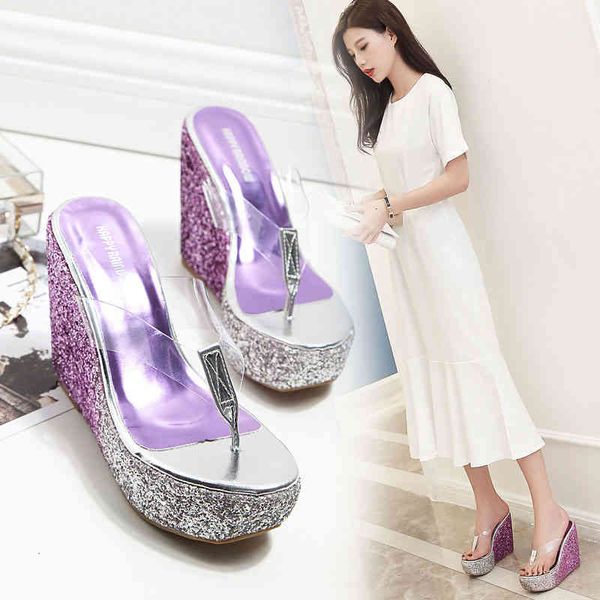 

slippers women summer glistening gradient color wedges sandal shoes transparent flip-flops high-heeled 0fo2, Black