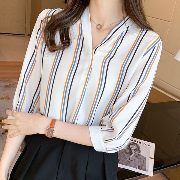 

womens shirts blouses color pinstripe temperament v-neck chiffon shirt blouse collar, White