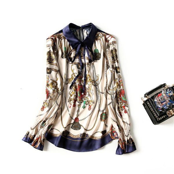 

women's blouses & shirts spring long sleeve lapel neck paisley print natural real silk ribbon tie bow panelled soie blouse elegant casu, White