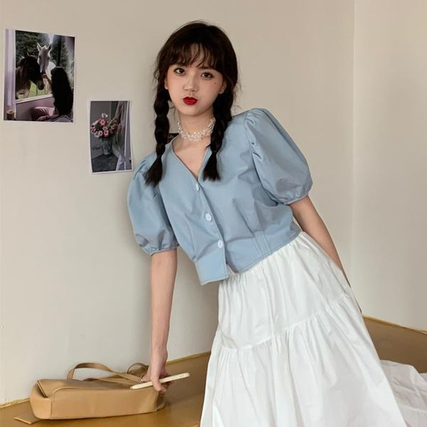 

women's blouses & shirts short-sleeved shirt summer design sense niche 2021 style puff sleeve retro commuter blouse, White